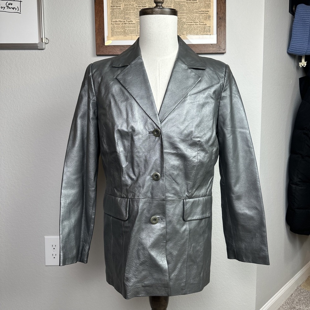 Terry Lewis Leather Blazer Jacket Women Medium Silver 3 Button Lined Luxury Coat